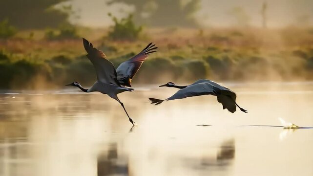 Two Cranes Flying Through Morning Mist