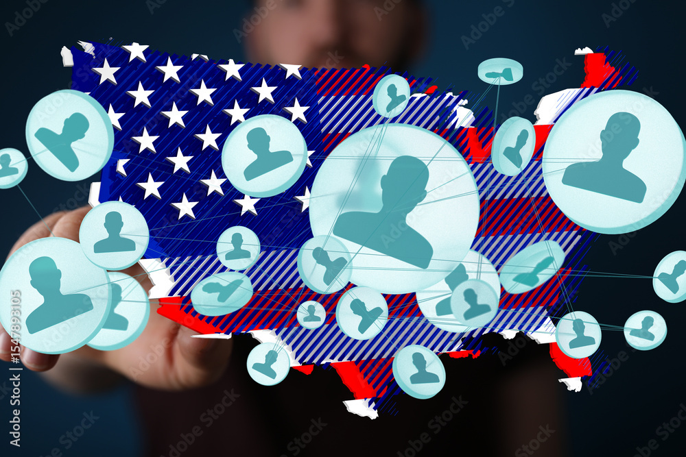 Poster digital illustration of social network connections across the usa. ideal for technology, communicati
