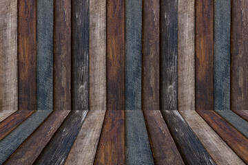 Vintage wooden room interior with multicolored aged planks on wall and floor