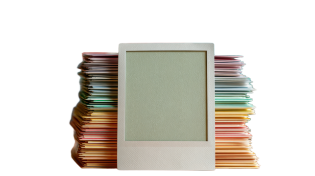Stack of papers with a white background and a picture of a camera on top. 3D png transparent background