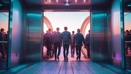 Business professionals entering a modern elevator symbolizing transition, progress, and moving towards success in a corporate environment.