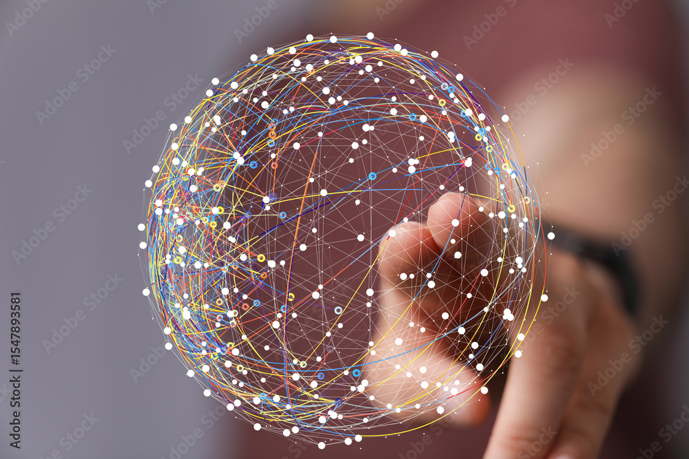 Poster Abstract image of a hand interacting with a digital global network. Represents connection, technology, and communication.