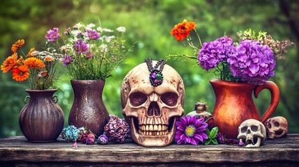 Skull, Human skull, Flowers, Still Life with Skull, Flowers, and Vases