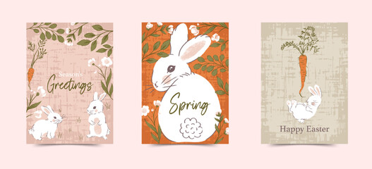 Spring Subtle Rabbits Holiday Vector Cards Set