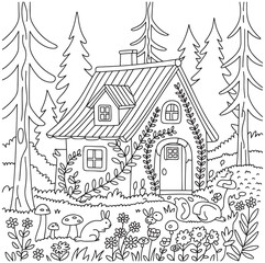 Cottage in Woods Line Drawing Rabbits Flowers Mushrooms