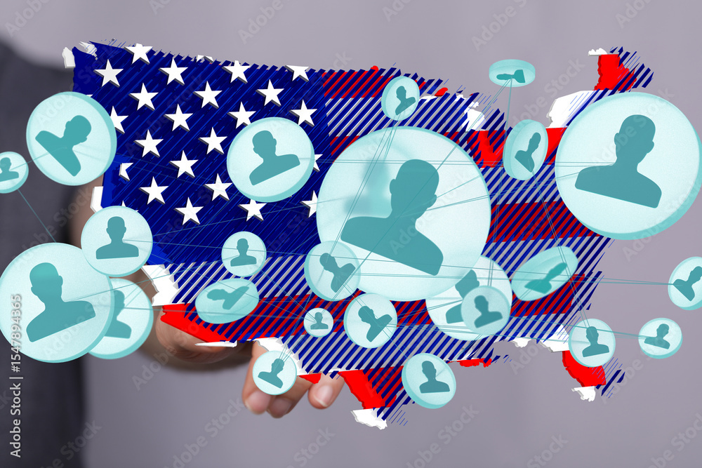 Poster visual representation of social networks and connections across the united states.
