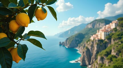 A branch of ripe lemons against the Italian coastline, dazzling blue sea and sky. La Dolce Vita and Slow Living concept