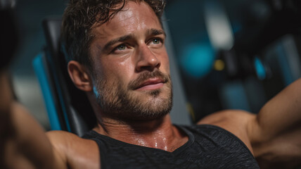 Obraz premium Muscular man focuses on chest press workout in modern gym setting