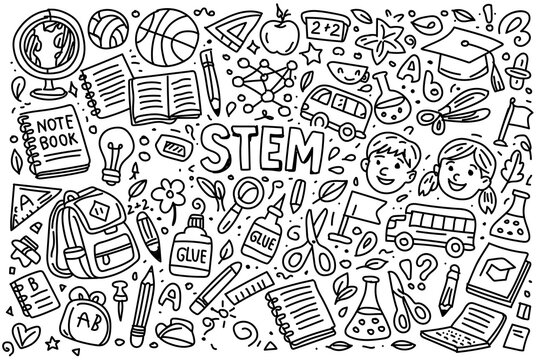 STEM education doodle illustration with school supplies, science and learning icons