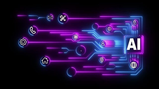 Neon Digital Data Transfer Animation AI Circuit Interface Neon Circuit Board Flow &ndash; Secure Data Sharing .Multi agent AI systems ,Automate daily Tasks Smart concept Abstract technological background