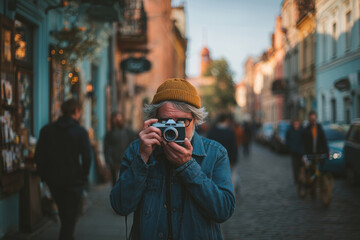Man capturing memories with an analog camera in a charming old street