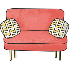 Wooden sofa with cushions. Hand drawn illustration