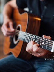 Close-up of adult caucasian male playing acoustic guitar.