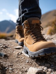 Close-up of hiking boots on rocky mountain trail.