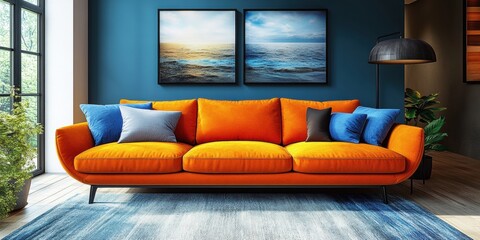 Interior featuring orange sofa with colorful pillows in living room setting with seascape wall decor