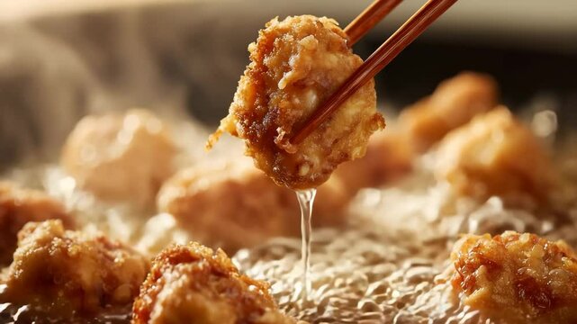揚げたて唐揚げの調理シーン