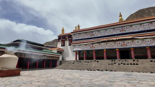 Xiahe, China: Panoramic footage of the main praying hall in the Tibetan Buddhism Labrang Monastery in the Xiahe town in the Amdo region of Gansu province in China