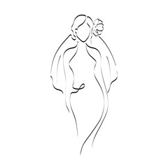 Continuous line drawing of a girl in a wedding dress and vail. Silhouette of the bride. Minimalist black linear sketch isolated on white background. Hand drawn vector illustration.