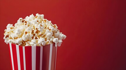 Popcorn, Bucket, Red, Popcorn in a Red and White Striped Bucket on Red Background