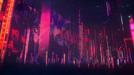 Digital, World map, Cityscape, Digital World Map with Neon Cityscape