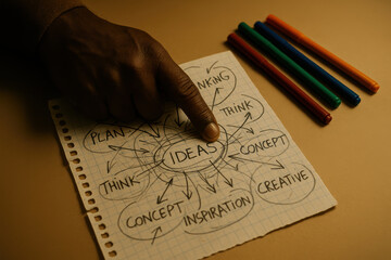 Hand pointing to mind map of ideas with creative concepts, planning, thinking, and colorful markers on table