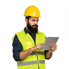 Construction worker using tablet isolated on white background
