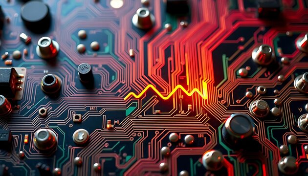 Abstract Circuit Board with Glowing Signal Path, Representing High Tech Connectivity.