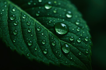 Close up of vibrant green leaf with water droplets glistening on the surface in natural soft light and lush background
