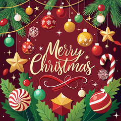 "Festive Christmas Celebration Card with Holiday Decorations and Merry Greetings – Vector Illustration"