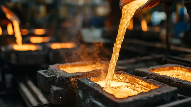 Molten gold glowing bright orange pours in a smooth stream into graphite molds, sparks flying in the air, workshop filled with fiery reflections