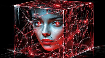 portrait of a female face behind a translucent micro red crystal cube showing fractured reflections angular shapes and glowing red tones isolated on black background female face crystal art 