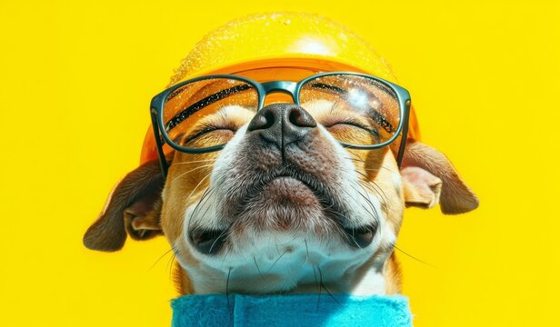 Happy back to school dpg yellow background. Nerd style in glasses. Lovely pet Jack russell terrier , isolated on white background,  , copy space, copy space for text,
