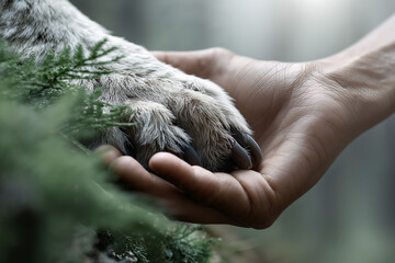 Human hand gently holding a wild animal paw in forest, symbolizing wildlife conservation and connection with nature.

