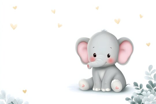 Adorable baby elephant cartoon with big ears and tiny tusks sits happily on a white background surrounded by soft heart shapes and floral accents, so cute!