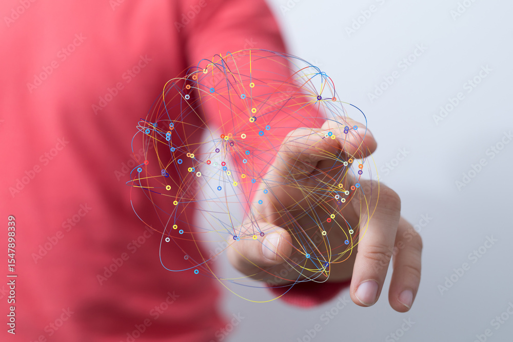 Poster Person interacting with a digital network, representing connection and technology.