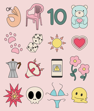 Icon set with Ok Hamd, Plastic Chair, Number 10, Teddy Bear, Paws, Dieces, Sun, Heart, Coffee Machine, Megaphone, Phone Alert, Flowers, Star, Skull, Bikini and Melted Face