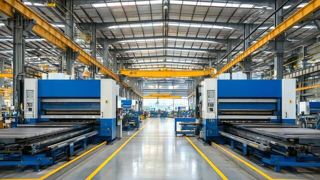 Panoramic shot of modern metal fabrication plant with rows of industrial bending machines processing various steel thicknesses in parallel