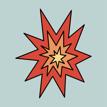 Red, Orange  and Yellow Star Shaped Sign. Cute Hand-drawn Doodle Sparkle Icon on Blue Background