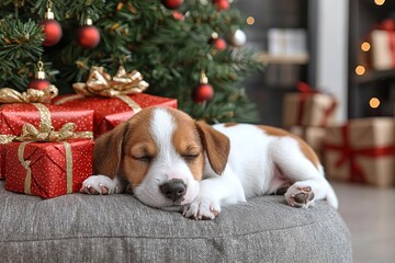 Jack Russell terrier as christmas present for children concept