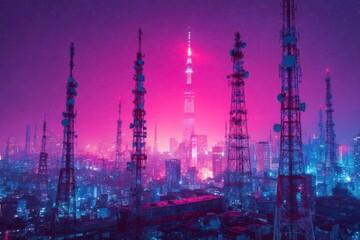 A futuristic smart city skyline featuring multiple 6G towers with a digital pink sky backdrop. The cityscape is illuminated against the colorful sky, creating a vibrant and modern urban setting.