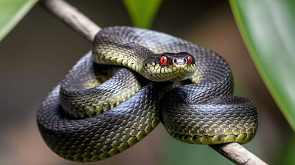 Obraz premium A macro shot of a coiled snake with red eyes and shiny blue scales.