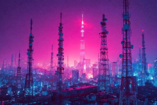 A futuristic smart city skyline featuring multiple 6G towers with a digital pink sky backdrop. The cityscape is illuminated against the colorful sky, creating a vibrant and modern urban setting.