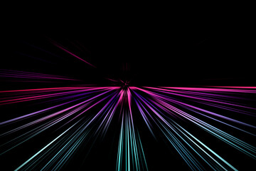Abstract radial zoom blur with pink, purple, and cyan light rays on black background. Futuristic...