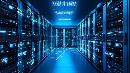 Fototapeta premium Server room, Data center, Network infrastructure, Illuminated Server Room, Data Center, Network Infrastructure, Technology