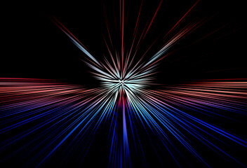 Abstract surface of radial blur zoom with glowing red and blue streaks on black background. Dynamic...