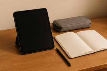Digital tablet with blank screen, stylus, open lined notebook, and fabric case on wooden desk in minimal modern workspace