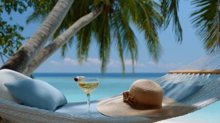 Hammock under palm trees with drink and sunhat, beach relaxation moment