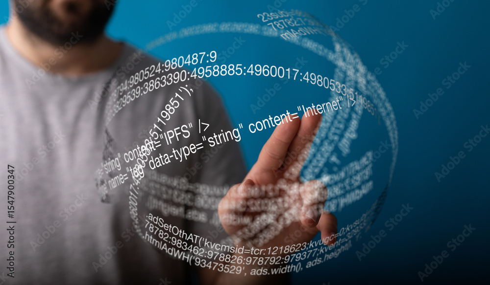 Aufkleber Person touches a holographic sphere displaying lines of code, representing internet data and technology.