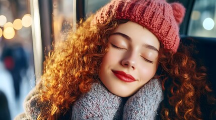 Redhead, Woman, Girl, Peaceful redhead woman in warm winter clothes sleeping on a bus