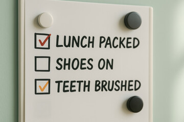 Morning checklist board with lunch packed and teeth brushed reminders for children's daily routine preparation at home